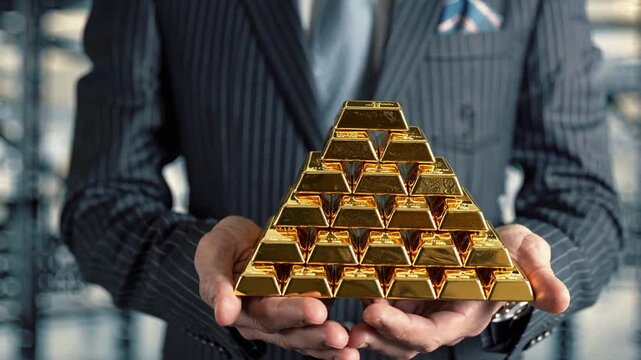 gold bars or gold ingot stacking with business hand. Financial wealth, investment and trading concept.
