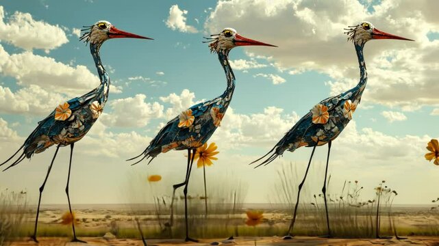 Beautiful Grey Crowned Crane Cartoon Illustration in Nature Water Setting