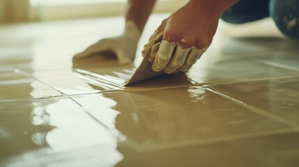 Obraz premium Hispanic tiler applying adhesive to a floor before tiling. Featuring preparation work and flooring expertise