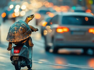 Turtle on a scooter zips through city traffic with a determined look, blurring the line between slow and fast lane lifestyles.