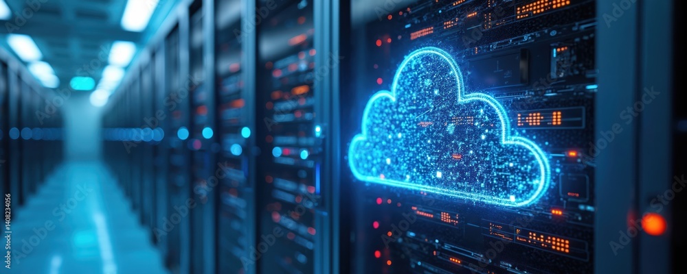 Poster Futuristic data center with glowing digital cloud symbol. Represents cloud computing, connectivity. Cyber technology, infrastructure, global network of data. Cloud storage, secure server room.