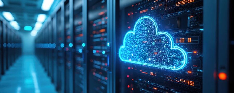 Futuristic data center with glowing digital cloud symbol. Represents cloud computing, connectivity. Cyber technology, infrastructure, global network of data. Cloud storage, secure server room.