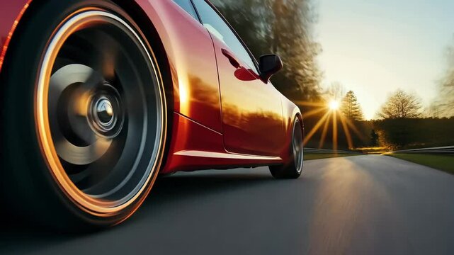 Low angle view of a red car driving down an empty road at sunset