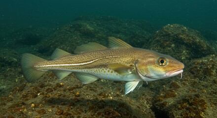 Naklejka premium Atlantic Cod in Ocean Habitat for Marine Life Presentation Material, Commercial Fishing Industry Publication and Study of Animal in Natural Underwater Environment