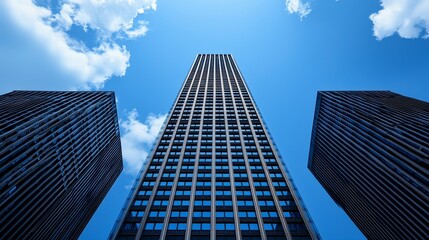 Modern Skyscraper Surrounded by Buildings Under Clear Blue Sky