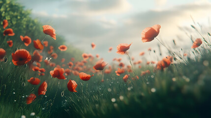 Obraz premium Poppy field, blowing in a gentle breeze.