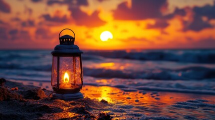 Tranquil coastal sunrise with lantern