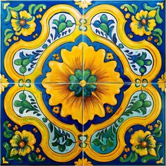 Colorful Ceramic Mexican Tile with Floral Patterns and Ornate Artistic Details on Yellow Background. Cinco de Mayo. AI Generated