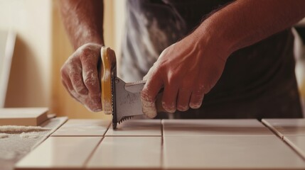 Hispanic tiler cutting ceramic tiles for a bathroom renovation. Featuring detail and accuracy