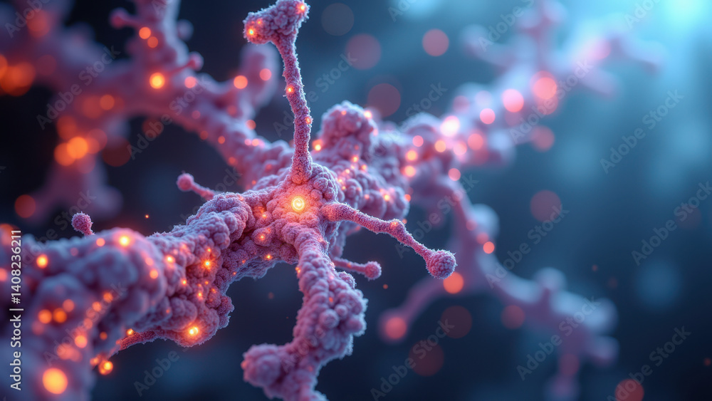 Poster image captures a close-up view of neurons firing with glp1 receptors highlighted in orange.