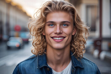 Obraz premium Portrait of a young blond man with blue eyes and curly hair.