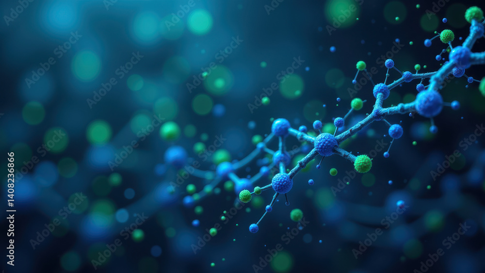 Poster image of a microscopic structure resembling glp1 (glucagon-like peptide-1) with a blue background co