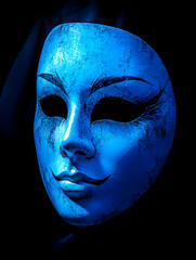 Shiny blue artistic mask in shadows, mysterious and theatrical composition.