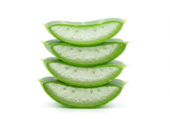 A stack of four aloe vera slices on a white background showing the translucent gel inside the leaves