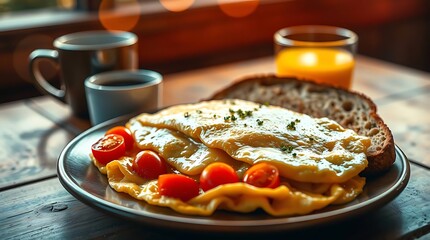 Classic Breakfast Omelet with Toast and Tomatoes &ndash; Morning Caf&eacute; Setting