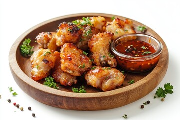Chicken wings on wooden plate with dipping sauce and parsley garnish against white background close up view