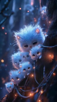 Adorable glowing forest creatures with fluffy fur and bright eyes gather on a tree in a magical night setting. Concept of fantasy character. Vertical video