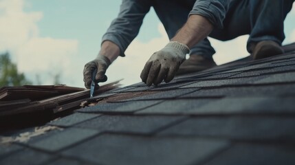 Roofing worker repairing a damaged section of a roof. Featuring roof repair and home maintenance