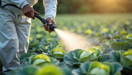 Farmer sprays cabbage with insecticides or chemicals in field. Person wears protective clothes. Vegetable plants protection, pesticide usage, pest control, agricultural tech. Healthy organic food.