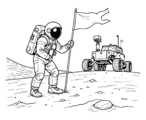 Astronaut Planting Flag on Mars  Realistic Space Coloring Page