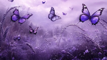 Purple butterflies in the field, a beautiful purple background, photography, dreamy