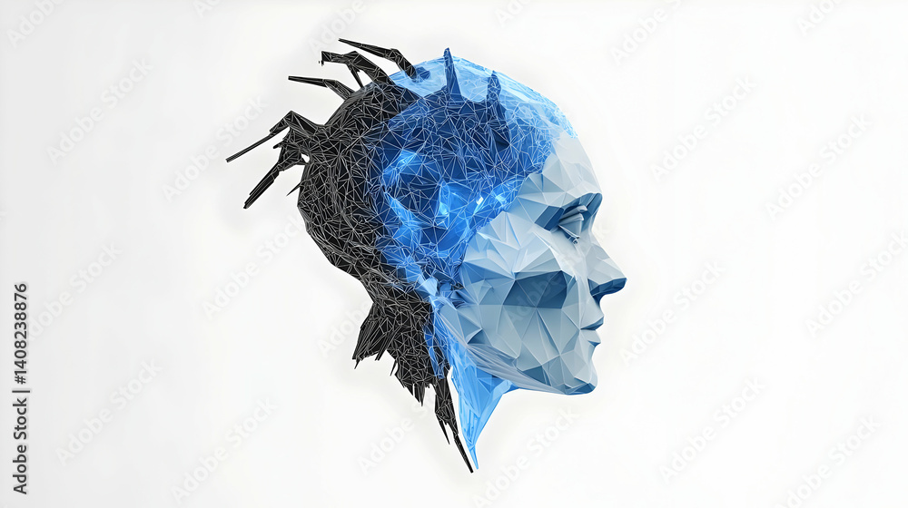 Poster abstract digital art of a human head in profile view formed by a geometric polygon mesh with blue pa