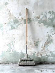 Rustic broom leaning against a textured vintage wall.