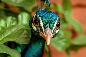 Obraz premium Vibrant Peacock Portrait: Close-Up of Colorful Plumage and Striking Eyes in Natural Habitat