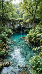 Tranquil forest spring with limestone rocks lush ferns and ancient trees