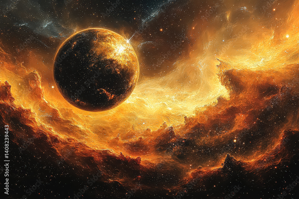 Poster large orange planet is floating in space with a lot of stars and clouds. the image has a dreamy and 