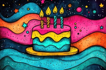 Whimsical Birthday Cake with Candles in Vibrant Cosmic Space Theme