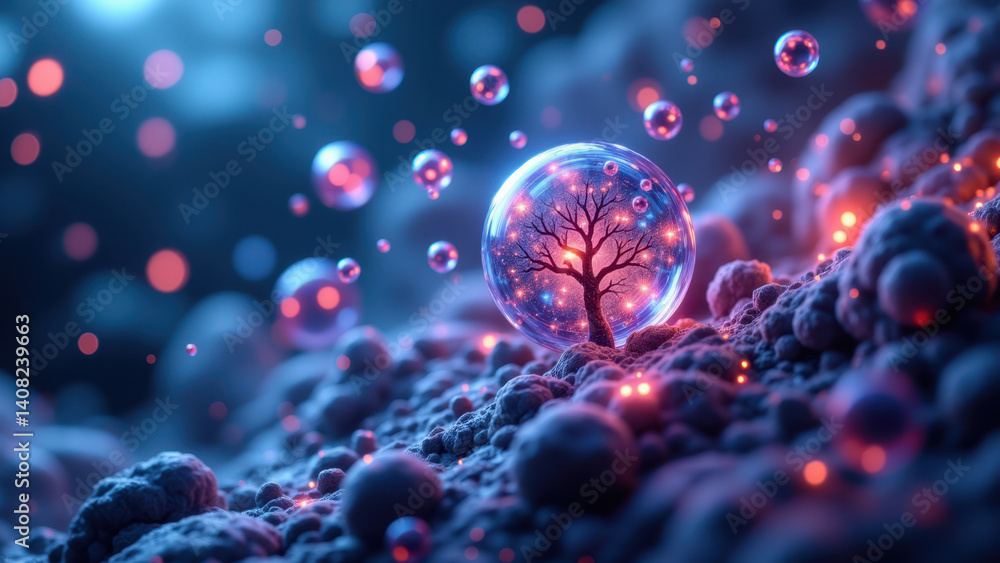 Poster a mesmerizing digital art piece featuring a glowing tree inside a bubble, floating amidst a cosmic b