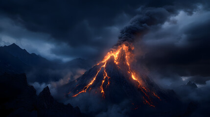 A volcanic mountain towering against a stormy sky, with lava cascading down the rocky slopes and smoke billowing from the summit.
