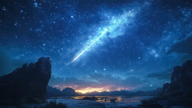 Beautiful night sky with a shooting star and a mountain in the background. The sky is filled with stars and the shooting star is the main focus of the image