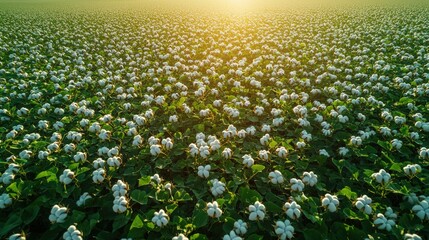 Blooming cotton field panorama captures soft sunlight in early season