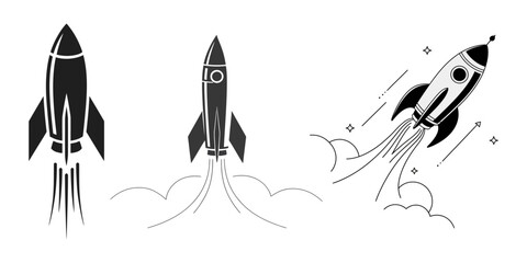 Rocket launching silhouette vector illustration isolated on a white background, Rocket icons set. Space ship launch icon collection. Rocket ship launch concept. Space rocket launch with fire. Rocket. 
