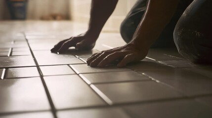 Hispanic tiler grouting the edges of tiles on a kitchen floor. Featuring tiling and kitchen renovation