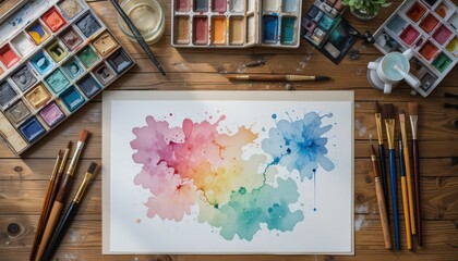 Artistic Workspace Showcases Vibrant Watercolor Painting and Assorted Art Supplies for Creative Expression