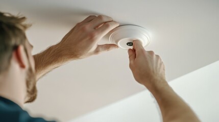Electrician installing a smoke detector on a ceiling. Featuring safety and expertise