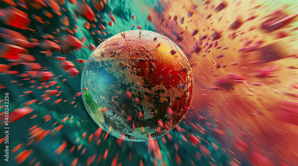 Poster colorful, abstract image of a planet with a large, glowing orb in the center. the orb is surrounded 