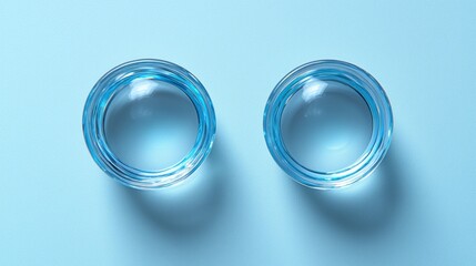 Two clear, round, shallow dishes, filled with a clear liquid, on a light blue background