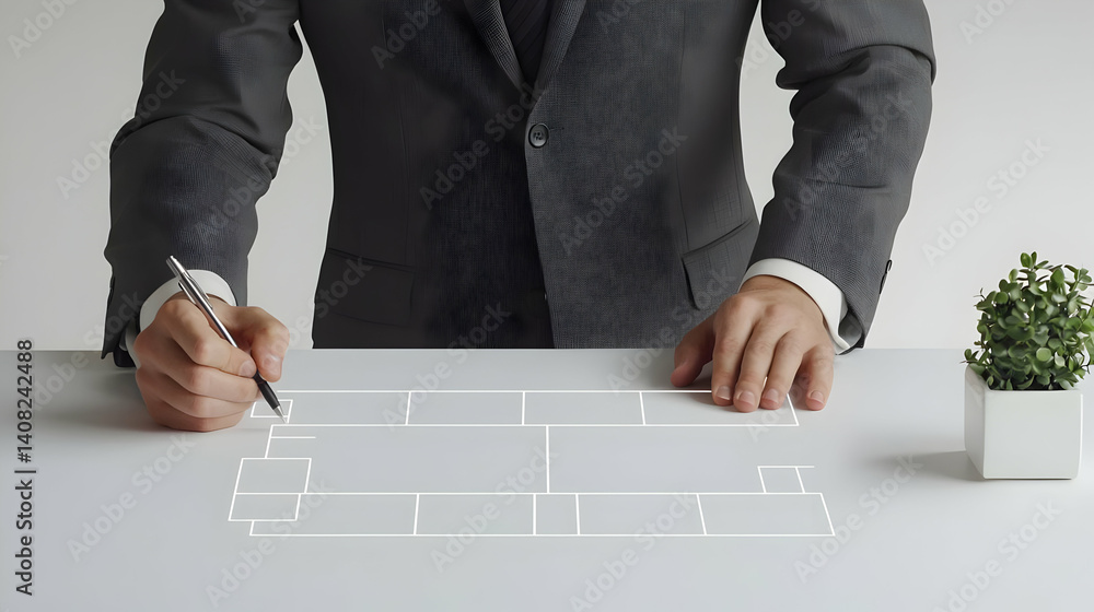 Poster businessman planning project timeline with gantt chart on white table in modern office setting with 