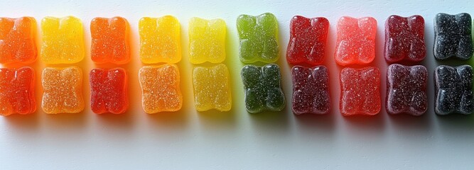 Colorful gummy vitamins displayed on a bright white background with glossy texture