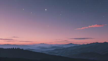 Majestic mountain landscape with pink and violet sky full of stars