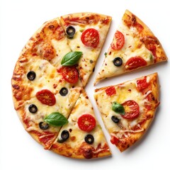 Delicious pizza with tomatoes isolated on a white background.