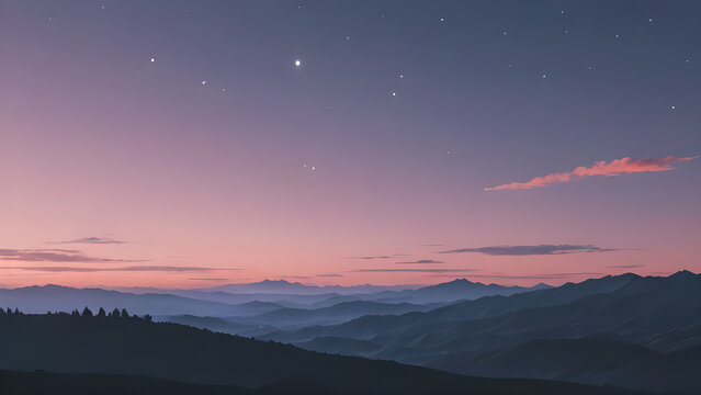 Majestic mountain landscape with pink and violet sky full of stars