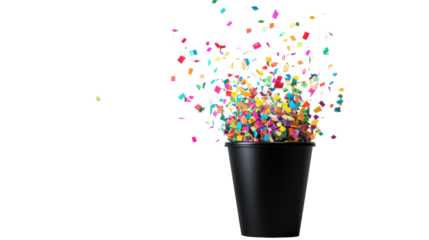 Colorful Confetti in a Black Cup Isolated on Transparent Background for Party, Celebration, and Festive Design