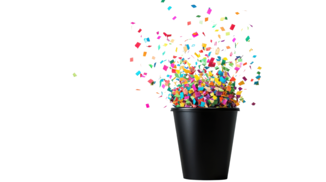Colorful Confetti in a Black Cup Isolated on Transparent Background for Party, Celebration, and Festive Design