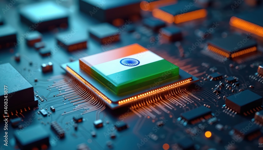 Poster illustration computer chip featuring india flag. microchip india advancements in tech, innovation, d