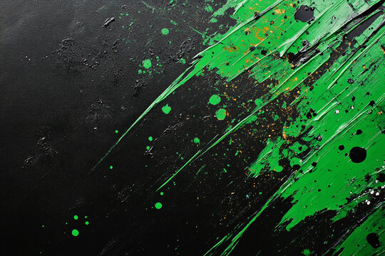 Emerald Fury: A vibrant explosion of green paint strokes across a dark canvas, capturing raw energy and untamed passion with bold texture and glittering accents.